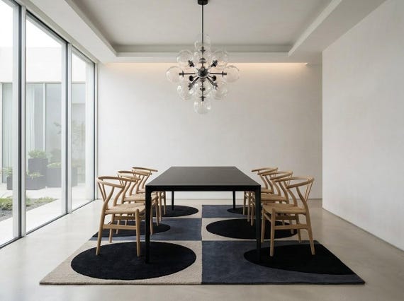 Modern Geometric Wool Rug - Black & Beige Abstract Checkerboards Area Rug