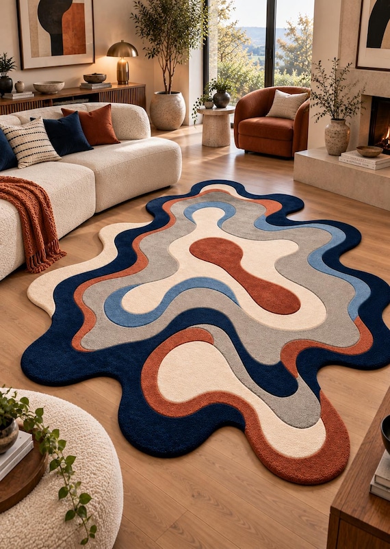 Abstract Irregular Wool Rug, Hand Tufted New Zealand Wool Rug, Organic Shape Area Rug, Modern Luxury Living Room Rug