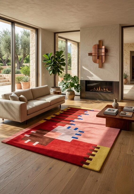 Modern Abstract Geometric Wool Area Rug - Hand-Tufted Colorful Mid-Century Accent Rug for Living Room