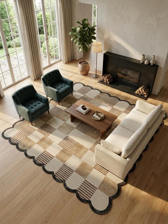 Hand-Tufted Wool Scalloped Checkerboards Rug | Modern Geometric Area Rug
