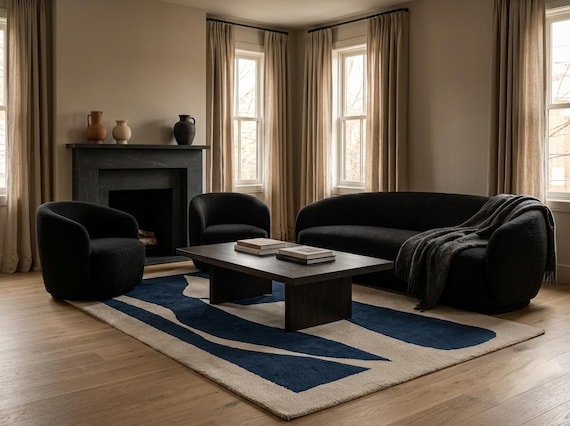 Modern Abstract Navy Blue Wool Area Rug | Hand-Tufted Contemporary Carpet
