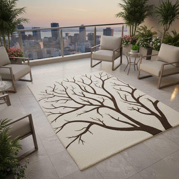 Minimalist Tree Branch Area Rug Cream Brown Modern Carpet
