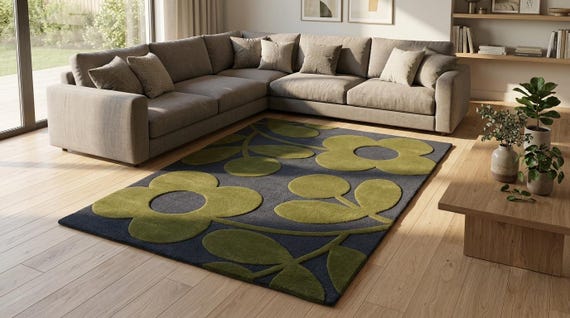 Modern Floral Wool Area Rug - Carved Olive Green & Navy Blue 8x10