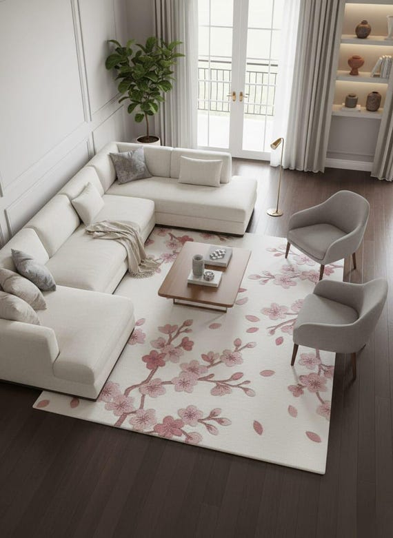 Cherry Blossom 3D Tufted Area Rug - Pink & White Sakura Floral Carpet