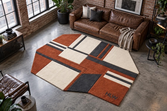 Geometric Wool Rug, Hand Tufted Area Rug, Modern Abstract Rug, Rust Cream Charcoal Rug, Luxury Living Room Decor