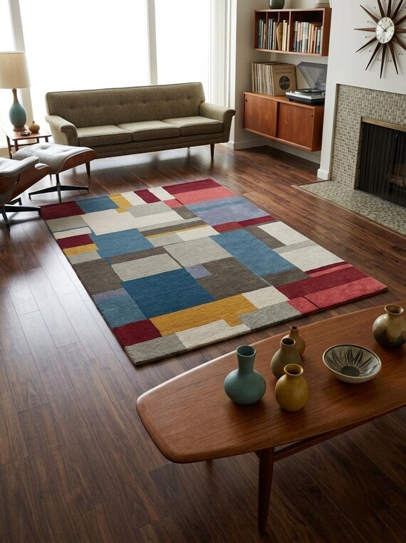 Abstract Geometric New Zealand Wool Rug, Color Block Area Rug, Modern Contemporary Rug, Bauhaus Inspired Home Decor