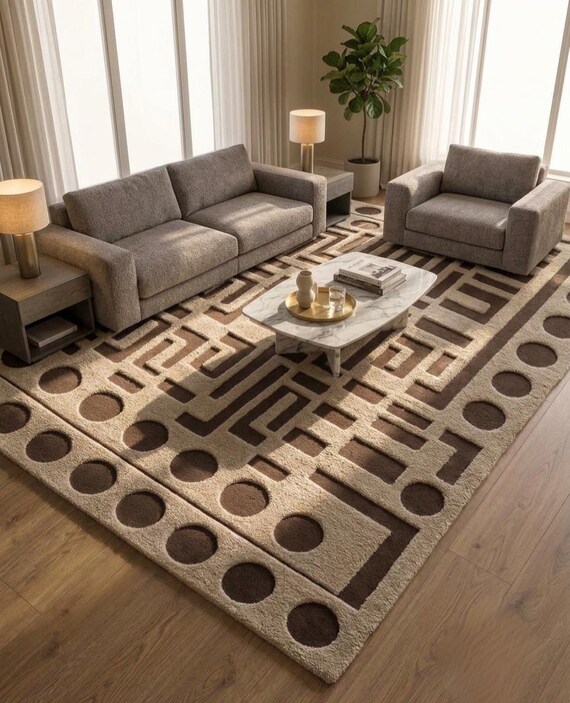 Hand Tufted Wool Area Rug, Geometric Modern Rug, Neutral Living Room Bedroom Carpet
