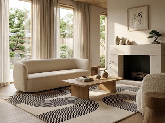 Black Ivory Abstract Wool Rug, Hand Tufted Modern Geometric Area Rug, Minimalist Curved Line Carpet for Living Room Bedroom
