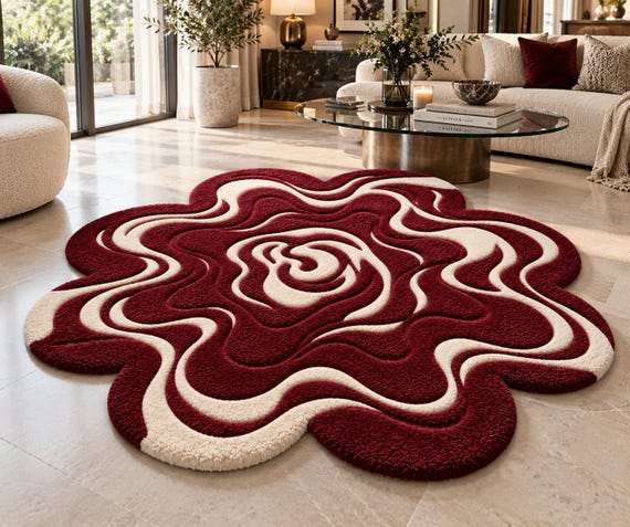 Rose Flower Shaped Hand Tufted Wool Rug, Maroon Cream Swirl Pattern Area Rug, Floral Bathroom Rug, Bedroom Accent Carpet
