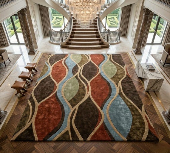 Modern Organic Hand-Tufted Wool & Viscose Rug - Abstract Wave Pattern in Rust, Sage, and Slate Blue