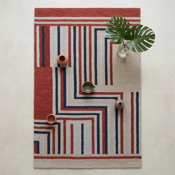 Modern Geometric Wool Hand Tufted Area Rug, Red Navy Cream Striped Carpet