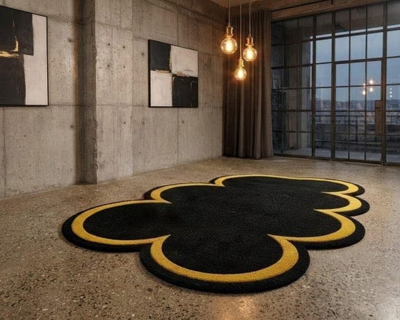 Black Gold Area Rug, Modern Statement Rug, Scalloped Floral Rug, Luxury Living Room Rug, Contemporary Bedroom Decor, Office Floor Rug