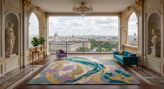 Abstract Impressionist Wool Rug – Luxury Pastel Flow Statement Area Rug