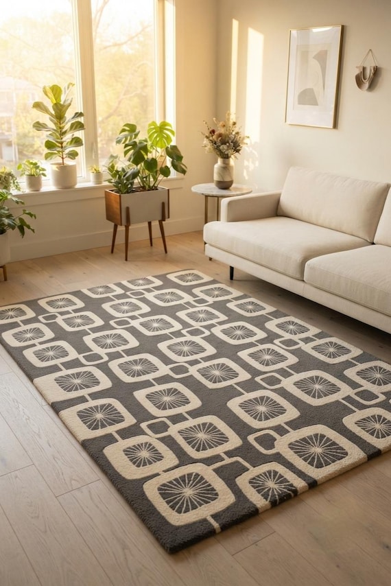 Hand Tufted New Zealand Wool Rug Geometric Black and Ivory Abstract Area Rug