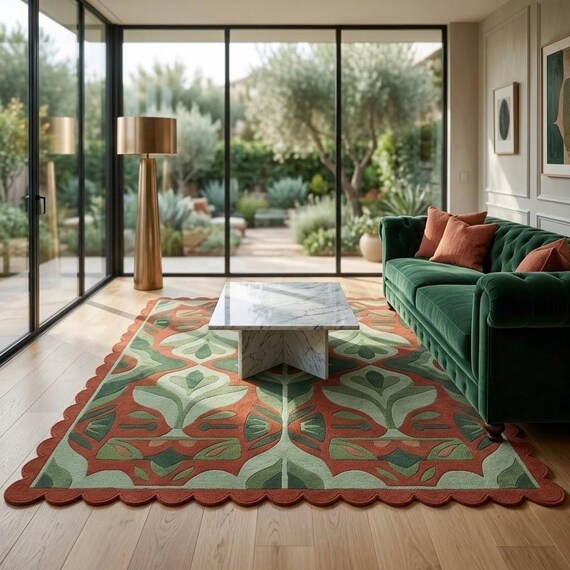 Wool Area Rug, Botanical Geometric Rug, Scalloped Edge, Terracotta Green Accent Rug for Living Room