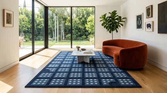 Hand-Tufted Blue Wool Area Rug | 8x10 Modern Geometric Pattern Mat