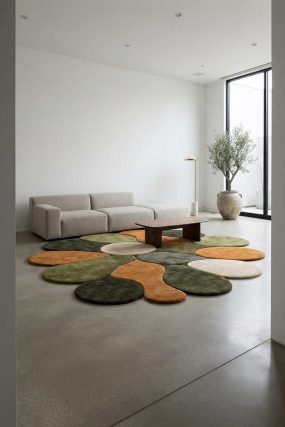 Abstract New Zealand Wool Rug, Organic Pebble Shape Rug, Irregular Area Rug, Modern Living Room Decor, Green and Terracotta Rug, Sculptural