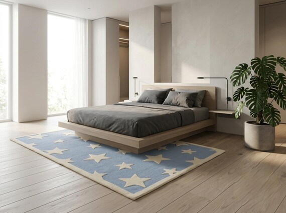 Hand Tufted Wool Area Rug Blue Star Nursery Rug Soft Kids Bedroom Carpet