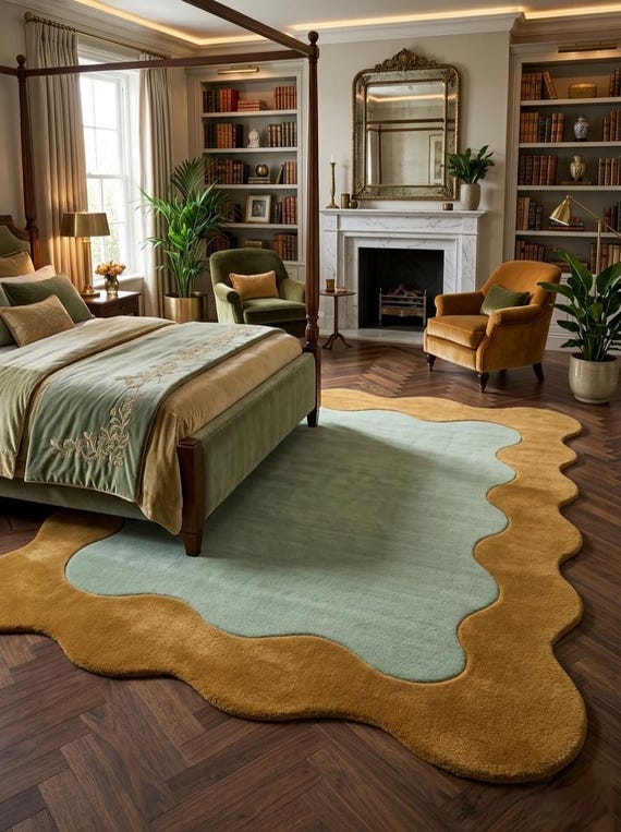 The Serpentine Scalloped Area Rug – Hand-Tufted Wool in Sage Green & Mustard Gold