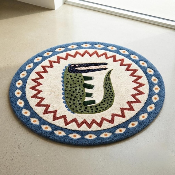Round New Zealand Wool Rug, Abstract Crocodile Rug, Handmade Tufted Animal Area Rug, Whimsical Kids Room Decor, Playroom Floor Rug, Statemen