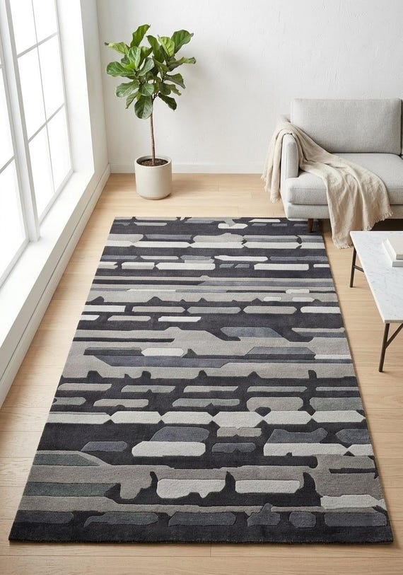 New Zealand Wool Rug, Gray Abstract Geometric Area Rug, Modern Neutral Floor Decor