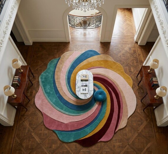Hand Tufted Wool Swirl Area Rug Colorful Abstract Irregular Modern Carpet