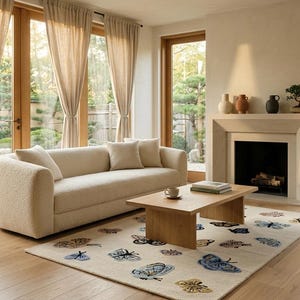 May include: A rectangular area rug featuring a cream-colored base with a repeating pattern of embroidered butterflies in shades of blue, brown, and black. The rug is positioned on a light wood floor beneath a wooden coffee table in a living room.