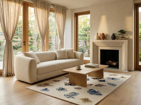 Hand Tufted Wool Butterfly Area Rug | Loop Hooked Nursery & Kids Playroom Rug