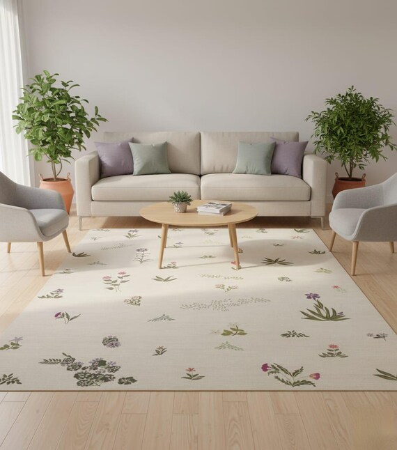 Hand Tufted Floral Wool Rug Botanical Cream Area Decor