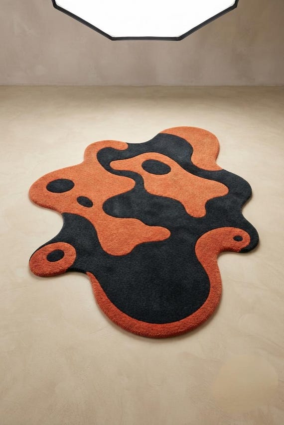 Abstract Orange and Black New Zealand Wool Rug, Organic Irregular Shape, Modern Sculptural Area Rug, Artistic Contemporary Floor Decor, Stat