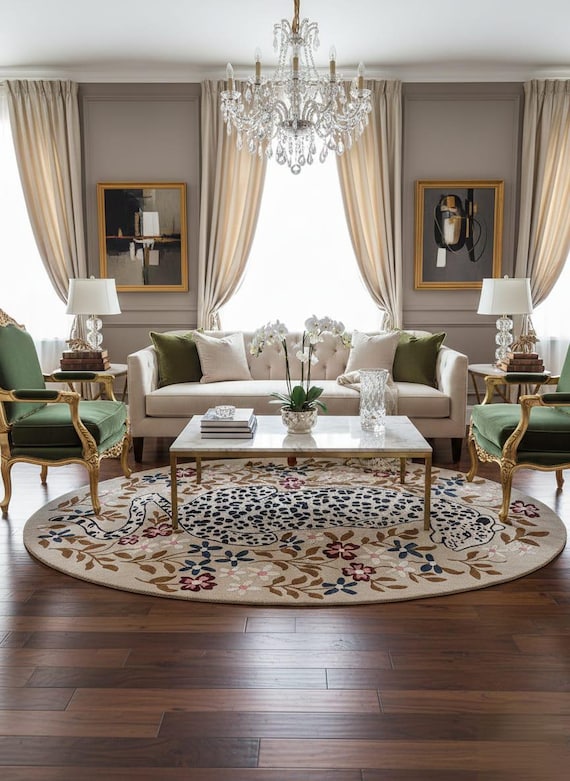 Leopard Floral Oval Area Rug Hand Tufted Beige Botanical Carpet