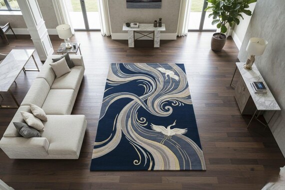 Hand-Tufted Viscose and Wool Rug - Navy Blue and Gold Oriental Crane Design - Large Premium Area Rug for Living Room & Bedroom