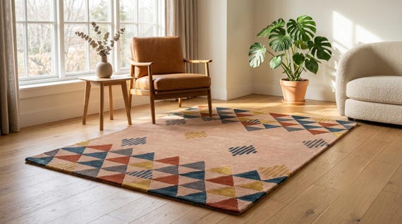 a rectangular, plush-textured wool area rug with a geometric triangular pattern in earthy terracotta, mustard, charcoal