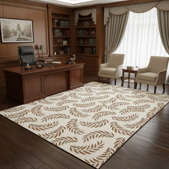 Hand Tufted Wool Area Rug with Neutral Leaf Pattern, Modern Botanical Living Room Carpet, Beige Contemporary Bedroom Home Decor
