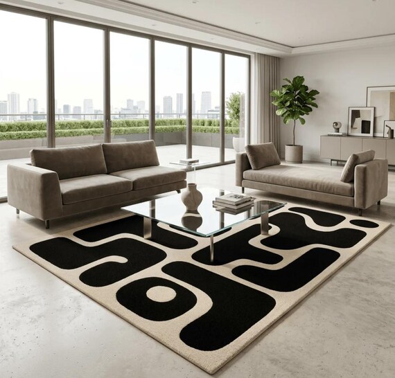 Modern Abstract Black and beige Wool Area Rug | Scandinavian hand-tufted design