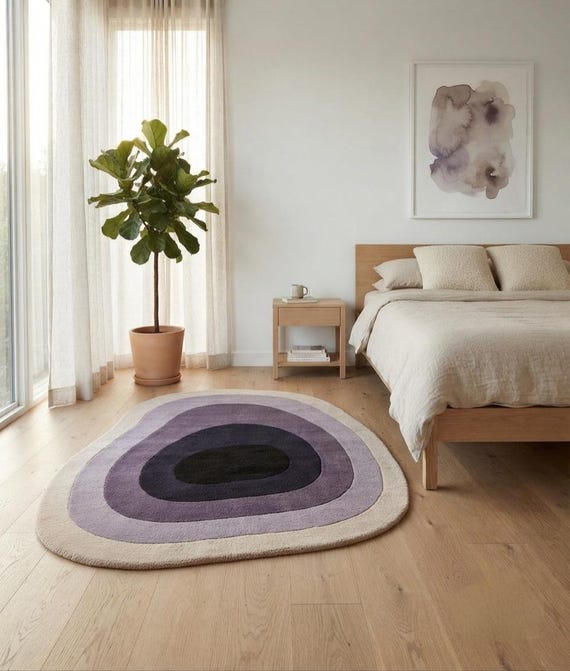New Zealand Wool Abstract Purple Area Rug, Organic Modern Irregular Shaped Rug, Contemporary Minimalist Home Decor