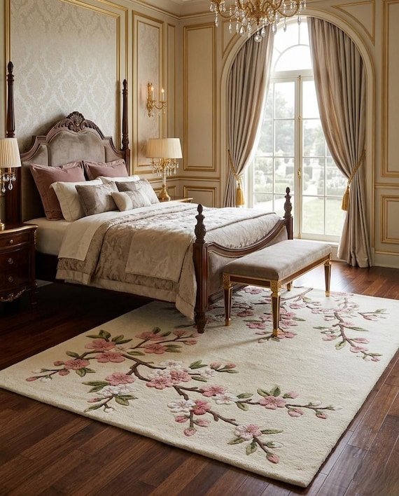 Cherry Blossom Floral Area Rug Cream Pink Botanical Living Room Carpet