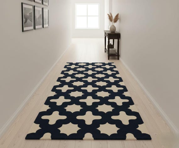 Hand Tufted Geometric Runner Rug Wool Navy Beige Moroccan Style