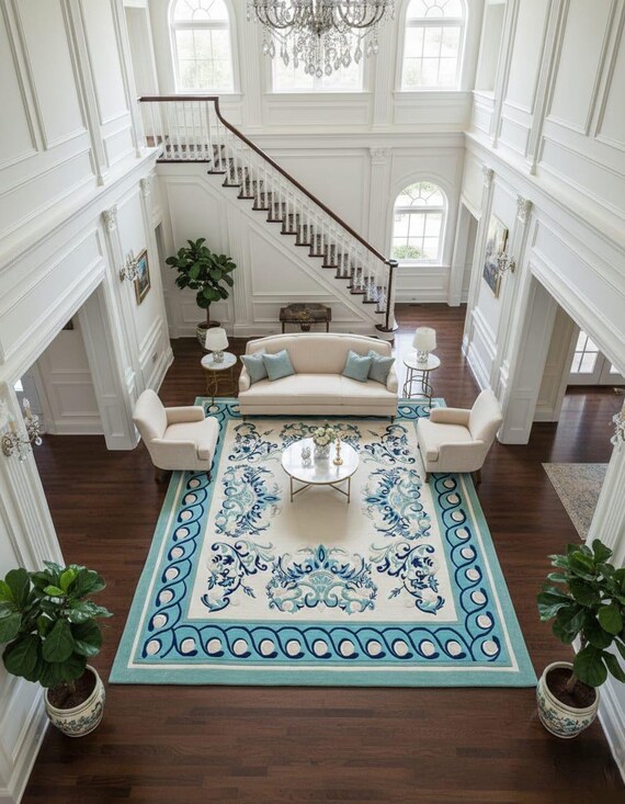 Hand Tufted Blue Floral Area Rug Ivory Border Traditional Carpet