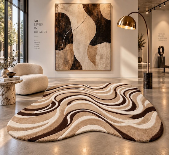 Modern Abstract Wave Freeform Rug | New Zealand Wool | Hand-Tufted Swirl Pattern | Brown & Beige Contemporary Area Rug