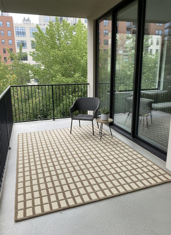 Hand Tufted Wool Rug - Modern Windowpane Area Rug - Minimalist Grid Pattern Carpet - Mid Century Modern Neutral Rug for Living Room, Bedroom