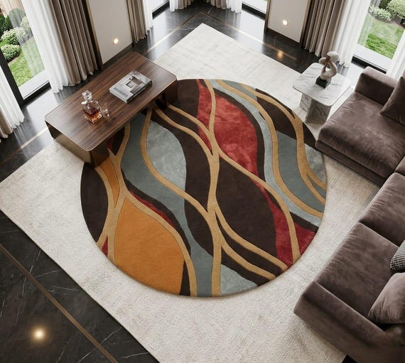 Round Abstract Wool Viscose Area Rug Modern Multicolor Carpet