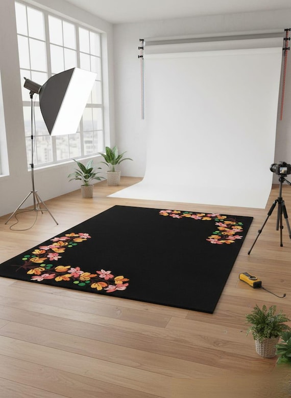 Hand Tufted Wool Floral Area Rug Black Botanical Bedroom Carpet and living room home decor