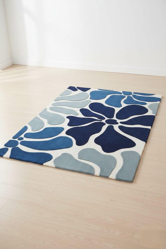 Hand Tufted Abstract Floral Area Rug Blue Ivory Modern Carpet