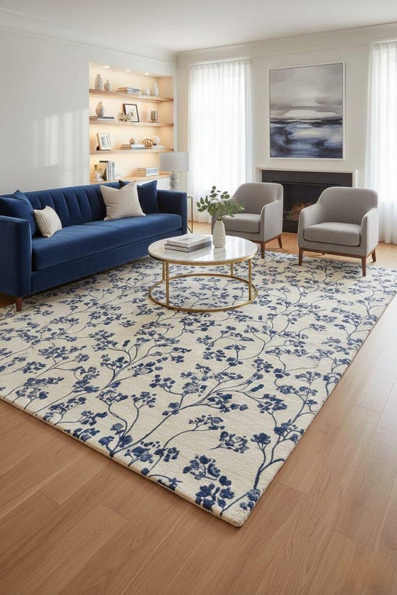 Hand Tufted Leaf Wool Area Rug with Blue Floral Pattern, Neutral Botanical Living Room Carpet, Modern Traditional Bedroom Home Decor