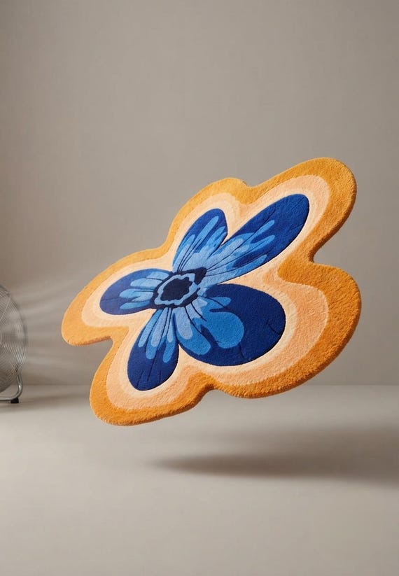 New Zealand Wool Abstract Flower Rug, Blue and Orange Hand Tufted Area Rug, Modern Floral Home Decor