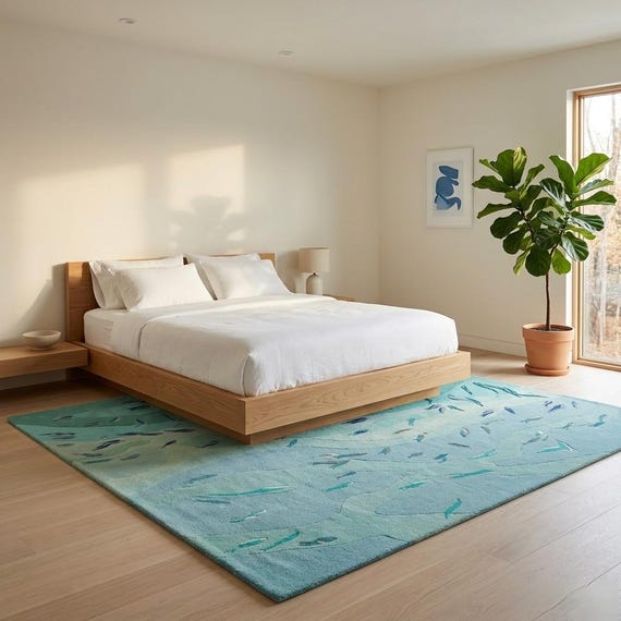 Ocean Blue Wool Rug, Coastal Area Rug, Abstract Sea Rug, Hand Tufted Rug, Fish Pattern Rug, Beach House Decor, Living Room Rug