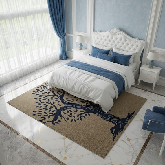Hand Tufted Tree Area Rug Navy Blue Beige Living Room Carpet