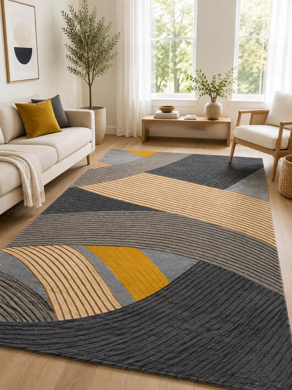 Newzealand wool abstract area rug geometric gray beige mustard modern rug
