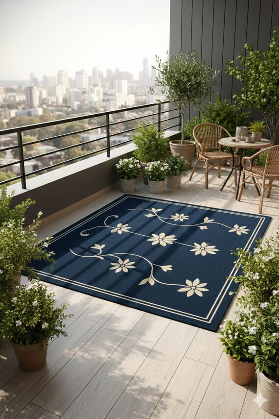 Hand Tufted Floral Wool Area Rug Blue Ivory